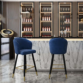 Blue tufted upholstered velvet counter height bar stool with footrest